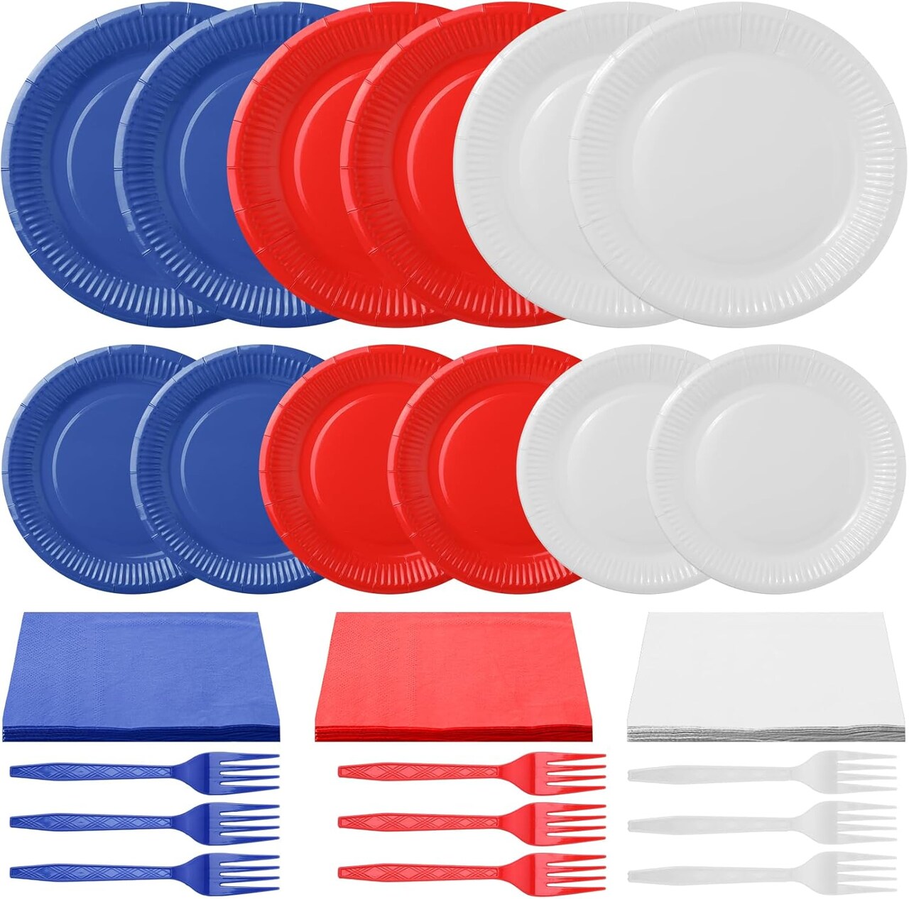 240 Pcs Red White Blue Paper Plates and Napkins Forks 4th of July Disposable Tableware Set for Independence Day Memorial Day Patriotic Birthday Party Supplies, for 60 Guest (Blue, Red, White)